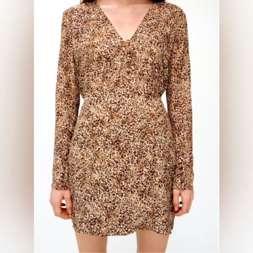 Zara Animal Print Wrap Dress Size M Brown/Cream (NWT)